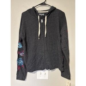 Women's Jrs Mudd Cropped Embroidered Gray Zip Up Hooded Sweatshirt Size L NWT